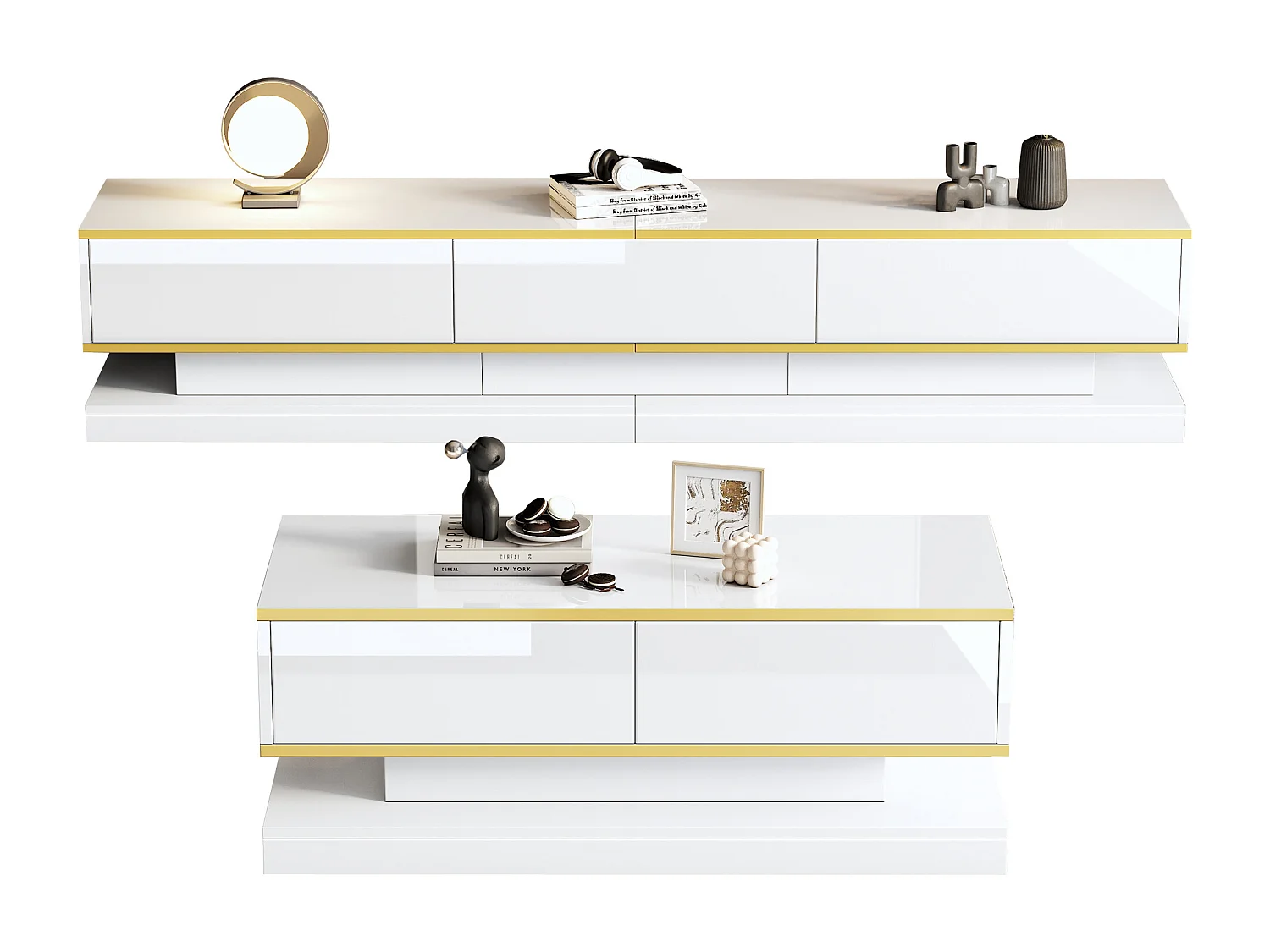 Ensemble TV et table basse, design moderne, MDF + ornement doré, blanc (200x40x40 cm + 100x50x38 cm)