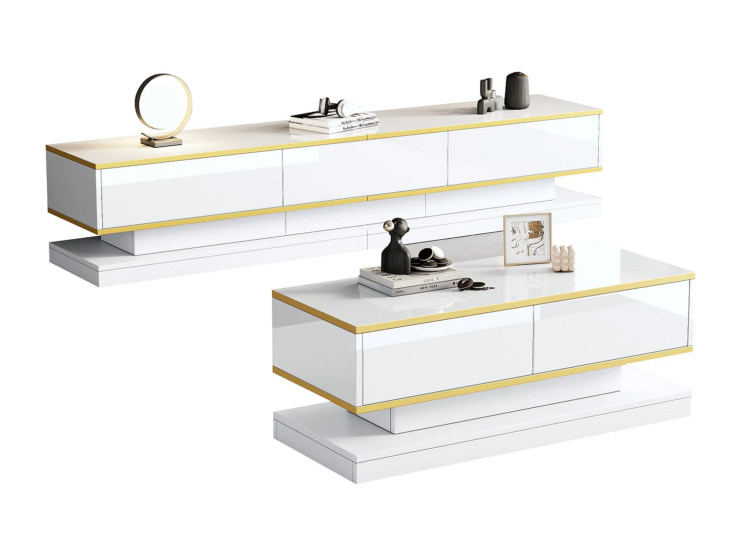 Ensemble TV et table basse, design moderne, MDF + ornement doré, blanc (200x40x40 cm + 100x50x38 cm)