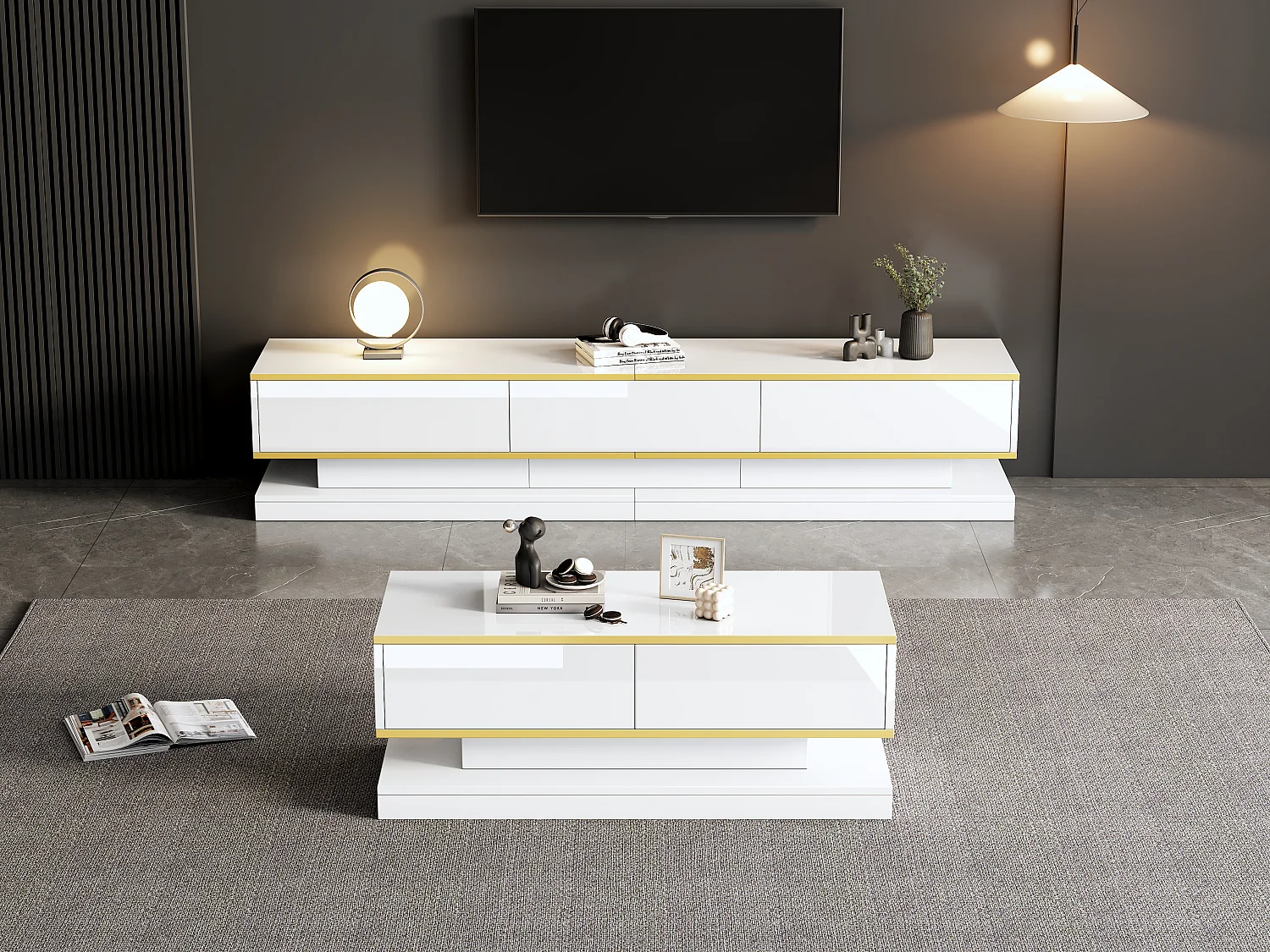Ensemble TV et table basse, design moderne, MDF + ornement doré, blanc (200x40x40 cm + 100x50x38 cm)