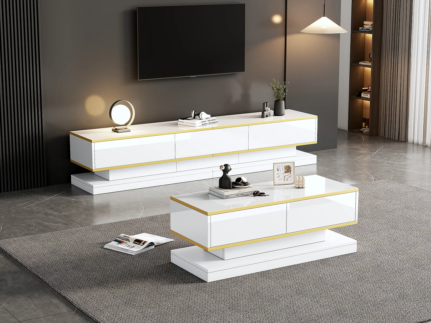 Ensemble TV et table basse, design moderne, MDF + ornement doré, blanc (200x40x40 cm + 100x50x38 cm)