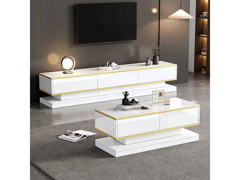 Ensemble TV et table basse, design moderne, MDF + ornement doré, blanc (200x40x40 cm + 100x50x38 cm)