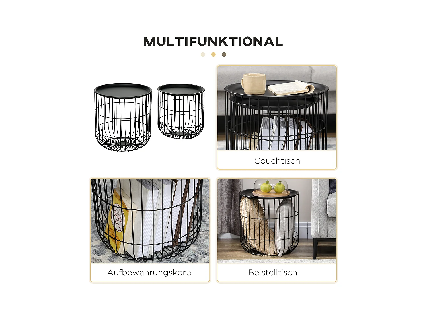 Set de 2 tables basses rondes, design scandinave, métal, noir (40x40x40 cm)