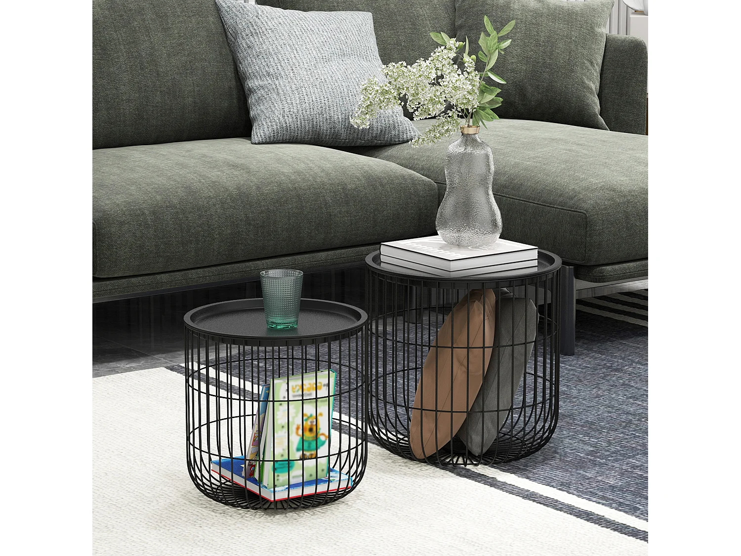 Set de 2 tables basses rondes, design scandinave, métal, noir (40x40x40 cm)