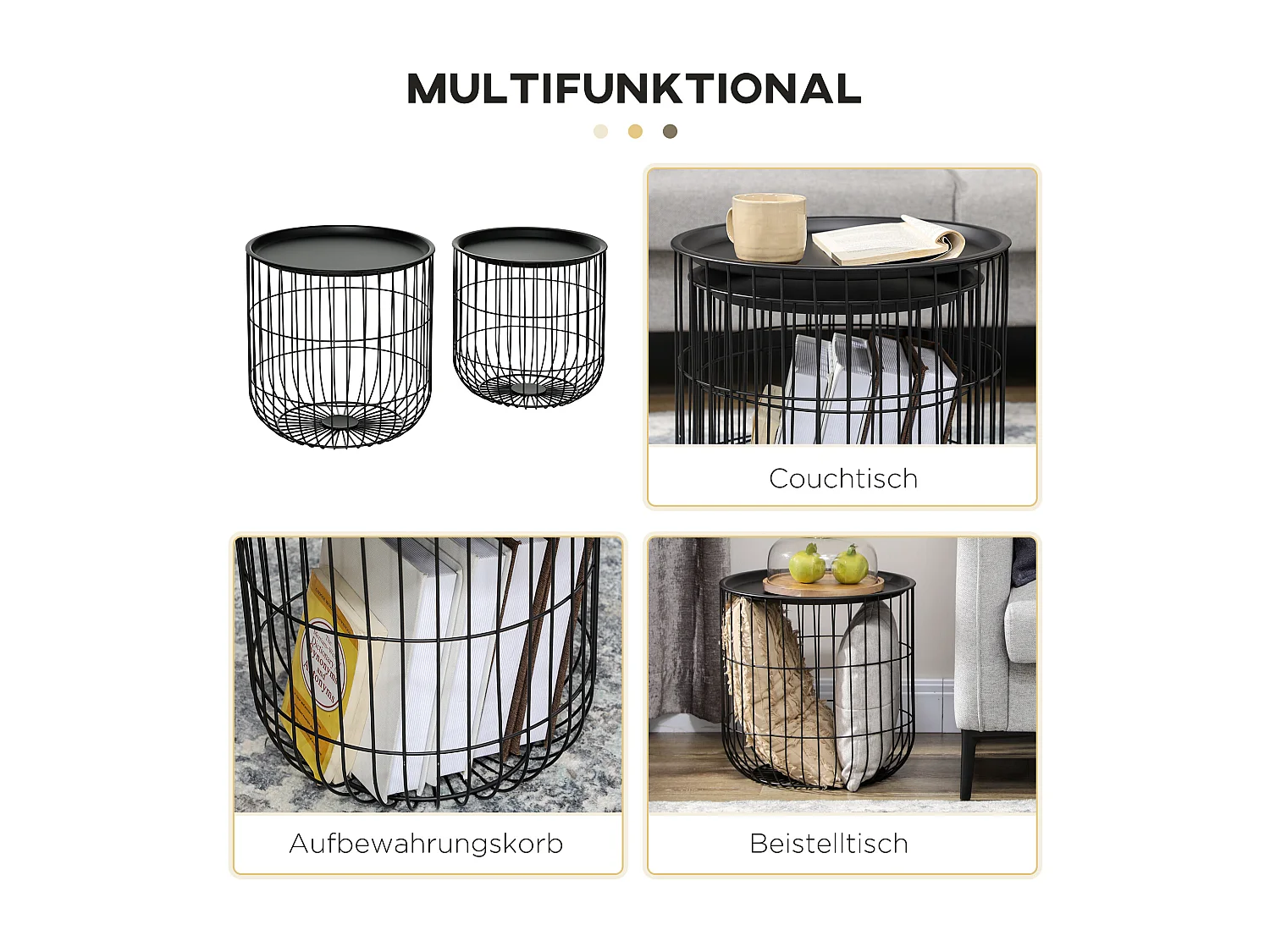 Set de 2 tables basses rondes, design scandinave, métal, noir (40x40x40 cm)