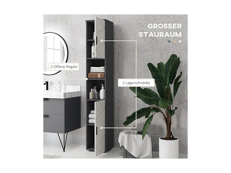 Meuble de rangement étroit avec étagères réglables, 2 compartiments ouverts, bois, gris (30x30x183 cm)