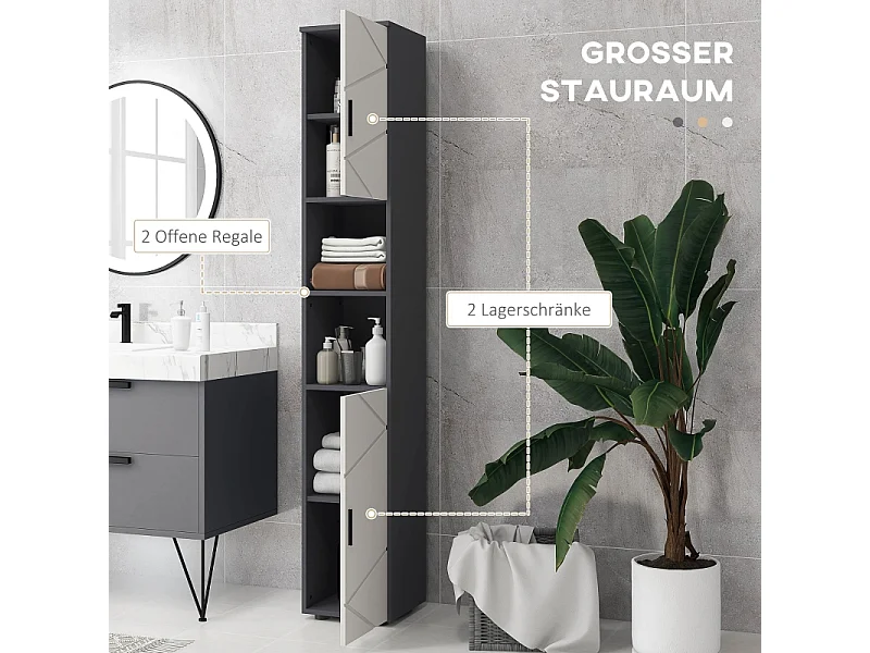 Mobile contenitore stretto con ripiani regolabili, 2 scomparti aperti, legno, grigio (30x30x183 cm)