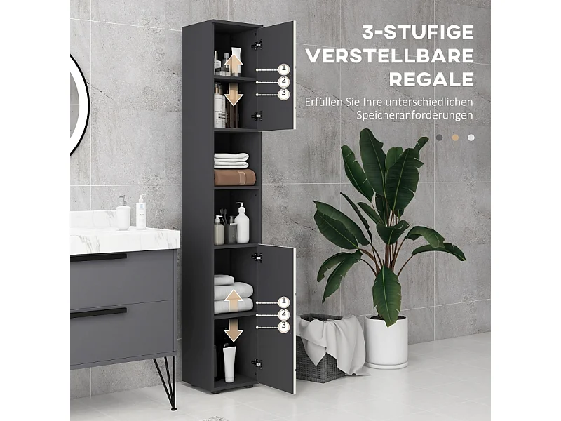 Mobile contenitore stretto con ripiani regolabili, 2 scomparti aperti, legno, grigio (30x30x183 cm)