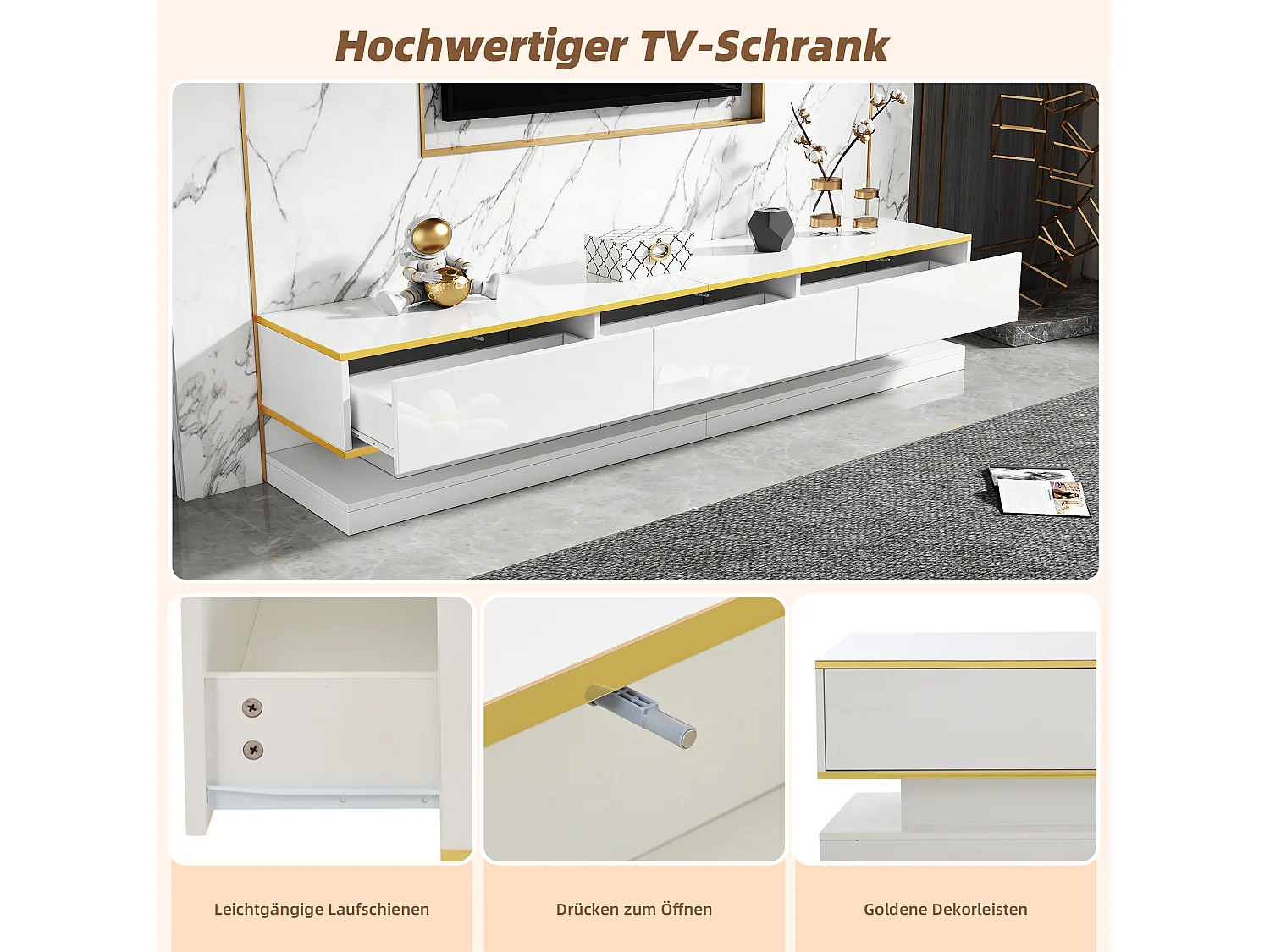 Meuble TV avec 3 tiroirs, design moderne, MDF + ornement doré, blanc (200x40x40 cm)
