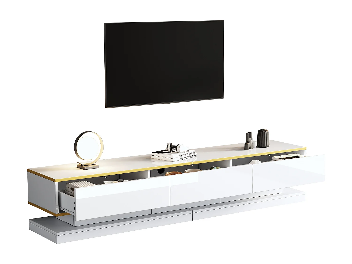 Meuble TV avec 3 tiroirs, design moderne, MDF + ornement doré, blanc (200x40x40 cm)