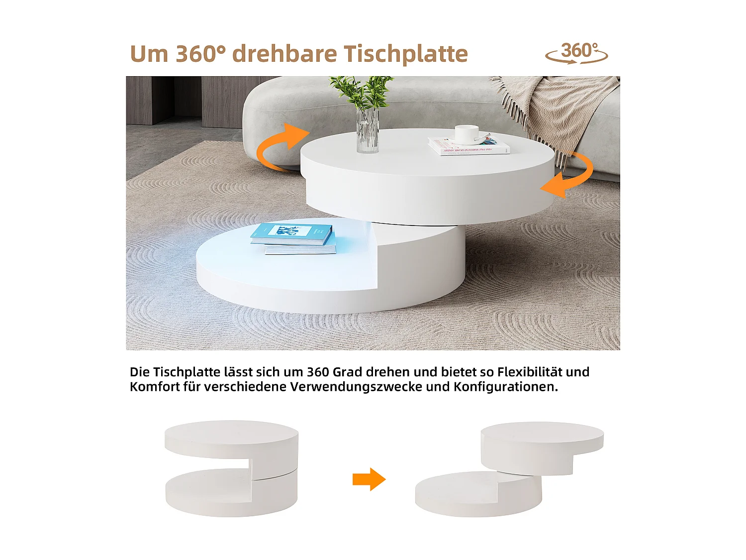 Salontafel met 360° draaibaar blad en LED-verlichting, cilindrisch design, MDF, wit (70x70x35,5 cm)