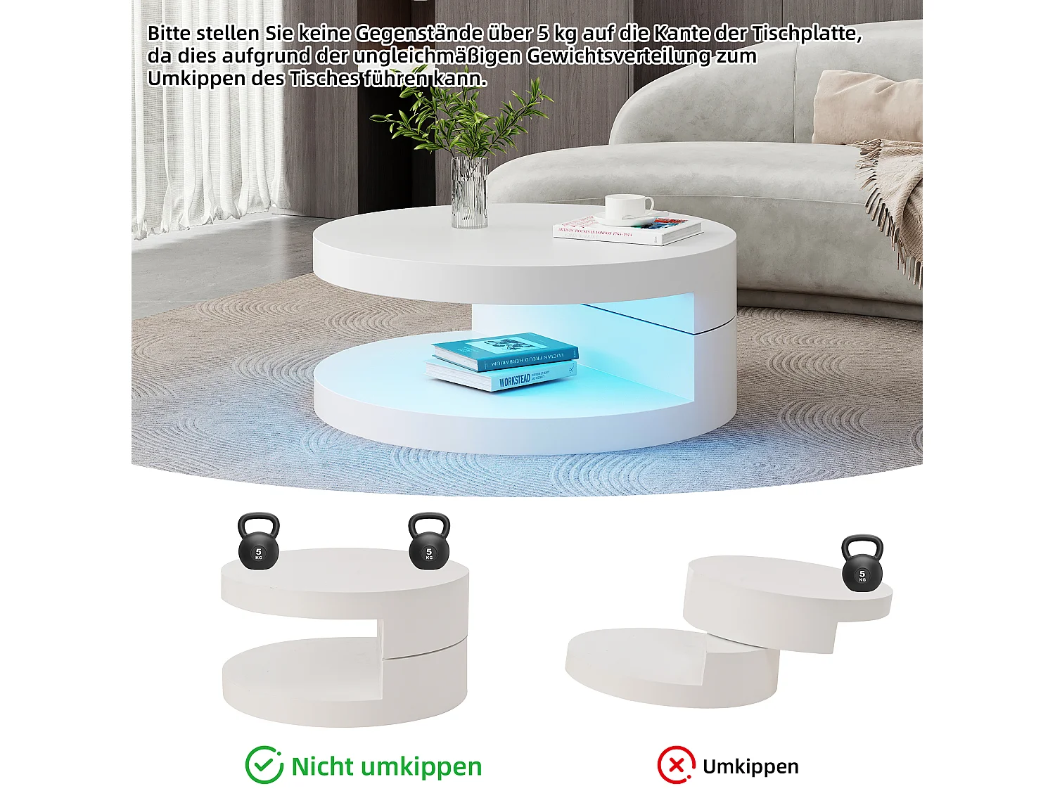 Salontafel met 360° draaibaar blad en LED-verlichting, cilindrisch design, MDF, wit (70x70x35,5 cm)