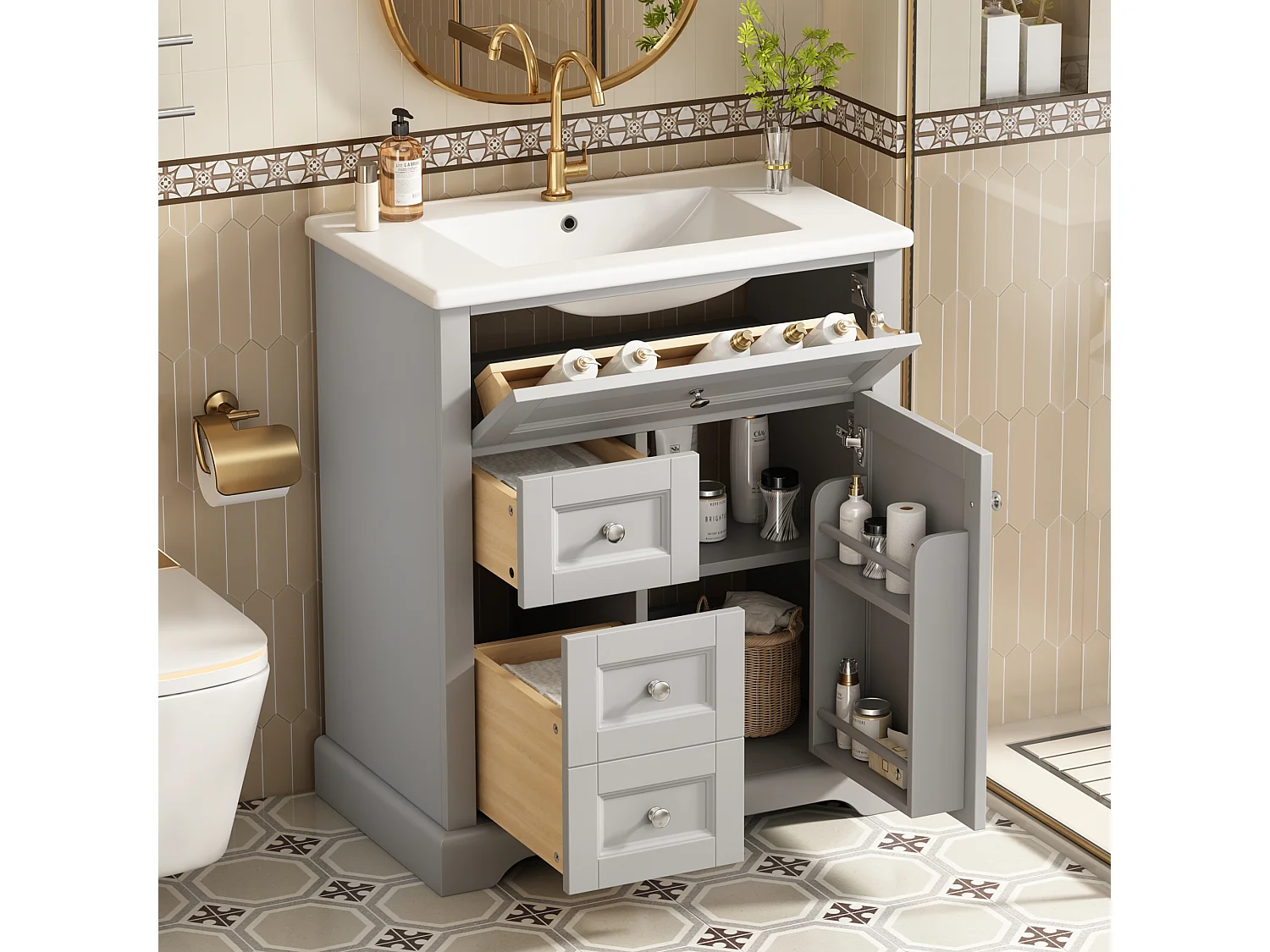 Meuble de salle de bain avec lavabo, peinture résistante à l'humidité, tiroirs à fermeture douce, étagères réglables, gris, (76x46x87 cm)