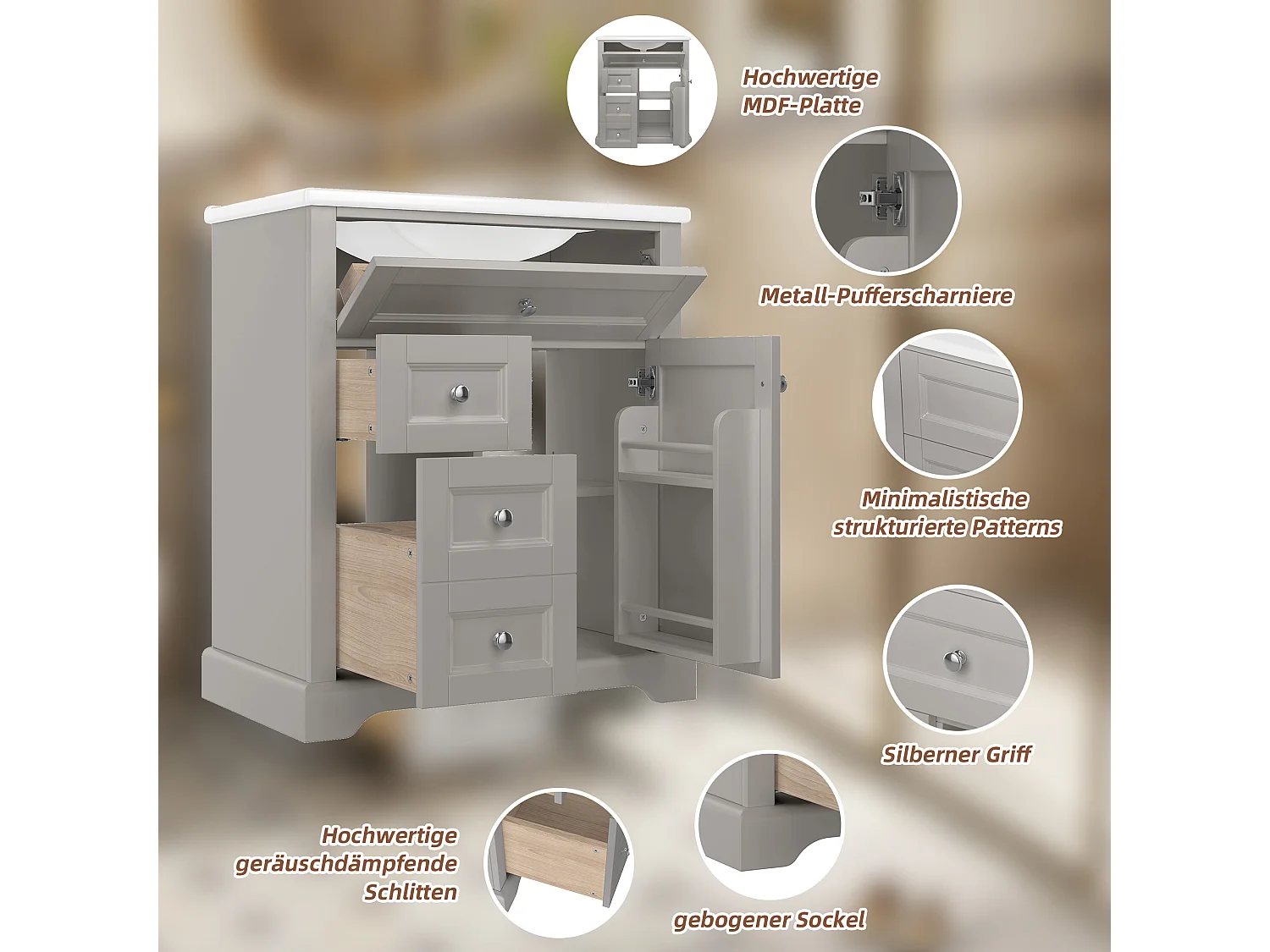 Meuble de salle de bain avec lavabo, peinture résistante à l'humidité, tiroirs à fermeture douce, étagères réglables, gris, (76x46x87 cm)