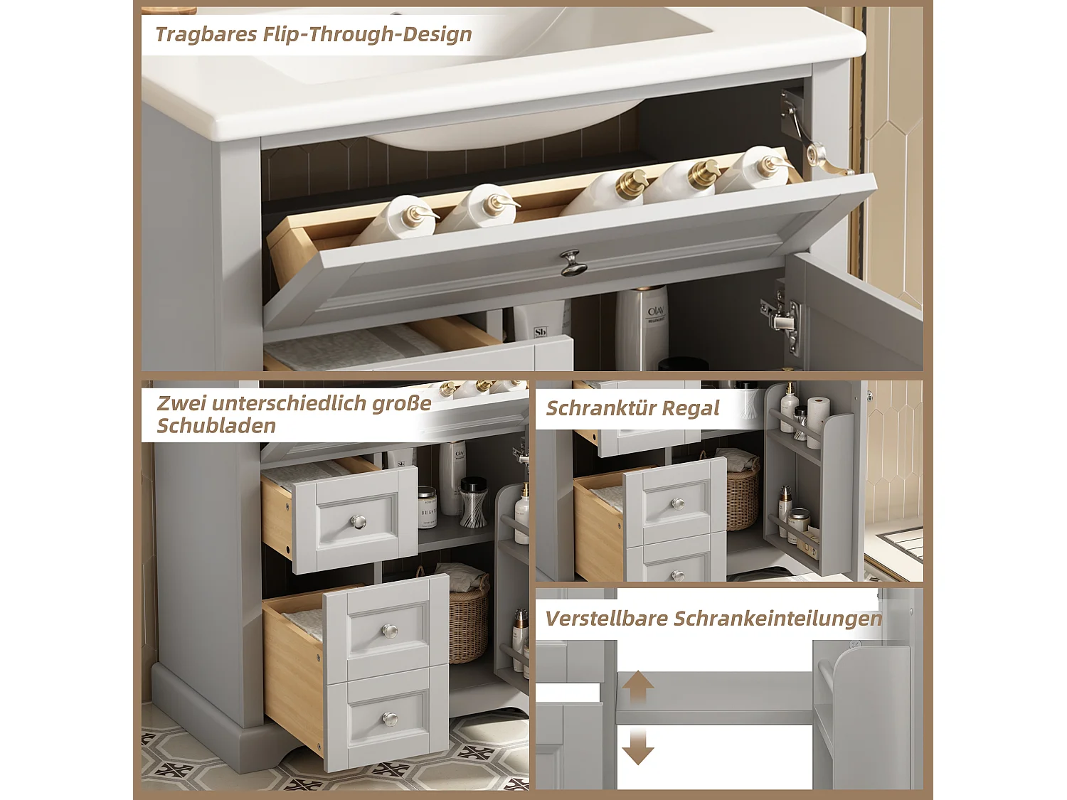 Meuble de salle de bain avec lavabo, peinture résistante à l'humidité, tiroirs à fermeture douce, étagères réglables, gris, (76x46x87 cm)