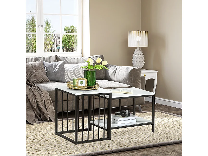Tables basses gigognes 2 pièces, design moderne, MDF effet marbre, structure acier blanc (60x39.5x45.5cm & 45x40x52cm)