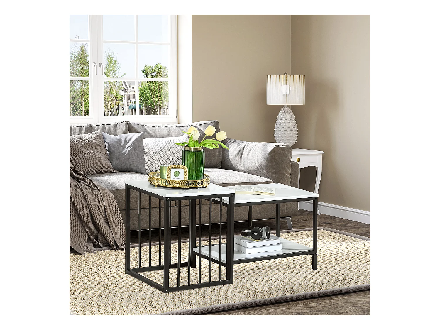 Tables basses gigognes 2 pièces, design moderne, MDF effet marbre, structure acier blanc (60x39.5x45.5cm & 45x40x52cm)