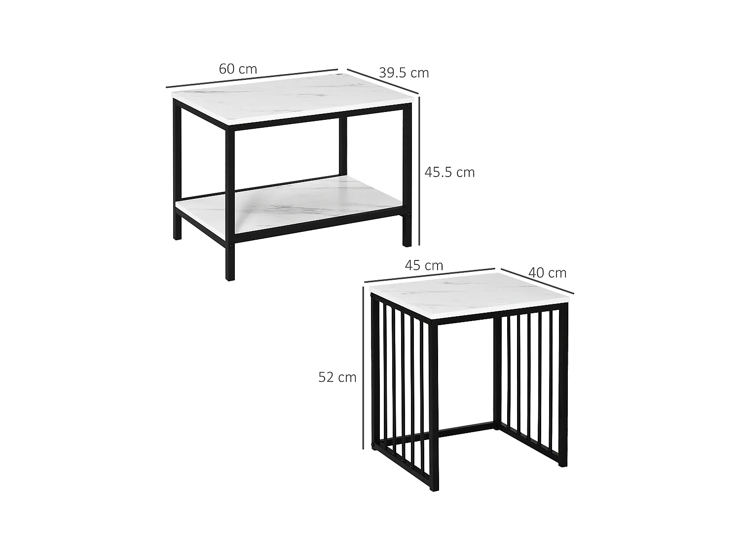 Tables basses gigognes 2 pièces, design moderne, MDF effet marbre, structure acier blanc (60x39.5x45.5cm & 45x40x52cm)