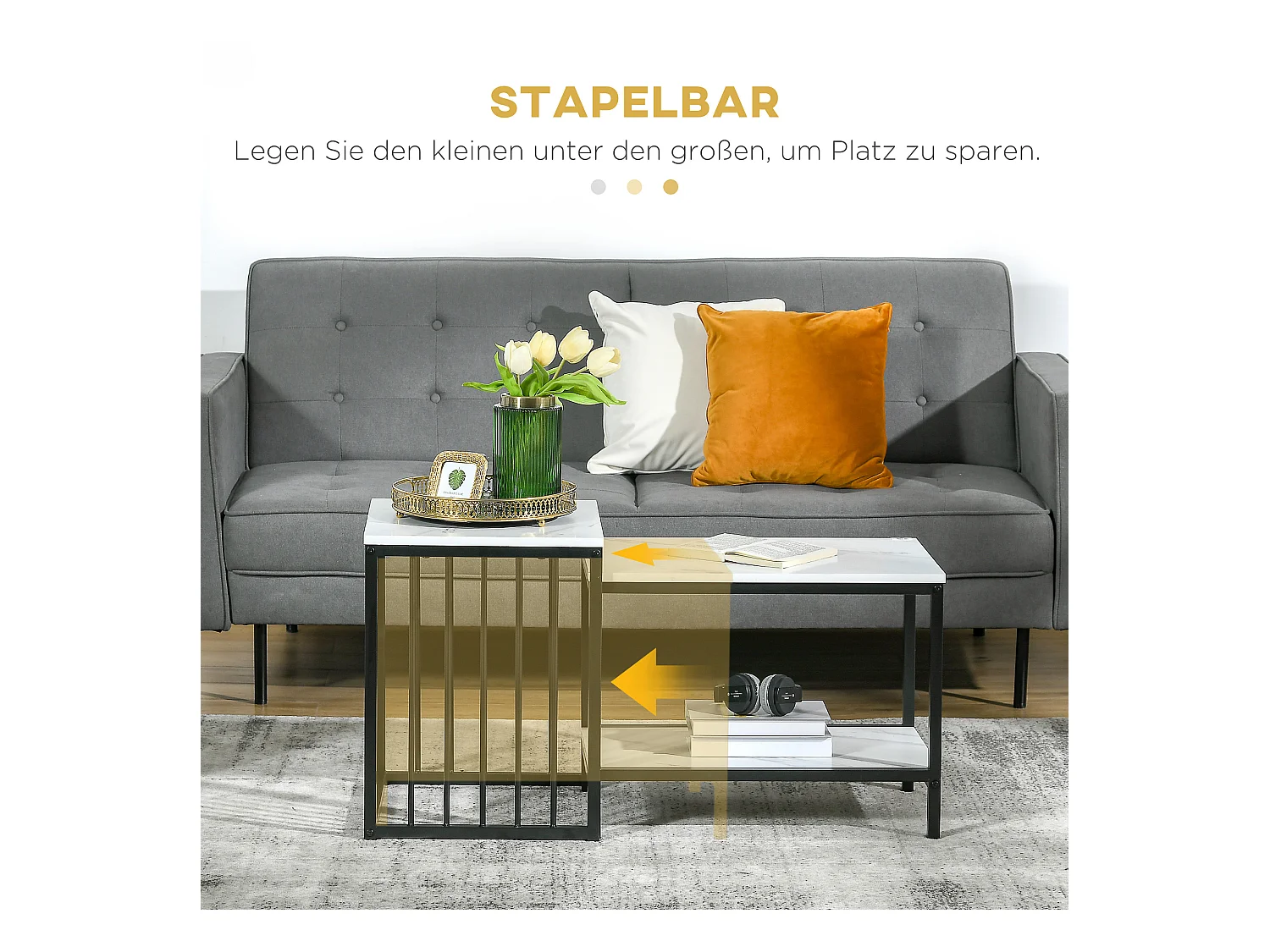 Tables basses gigognes 2 pièces, design moderne, MDF effet marbre, structure acier blanc (60x39.5x45.5cm & 45x40x52cm)