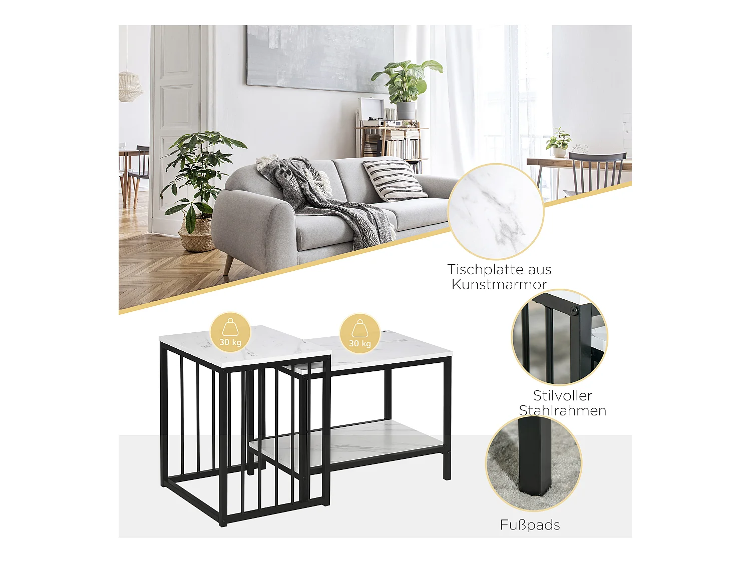 Tables basses gigognes 2 pièces, design moderne, MDF effet marbre, structure acier blanc (60x39.5x45.5cm & 45x40x52cm)