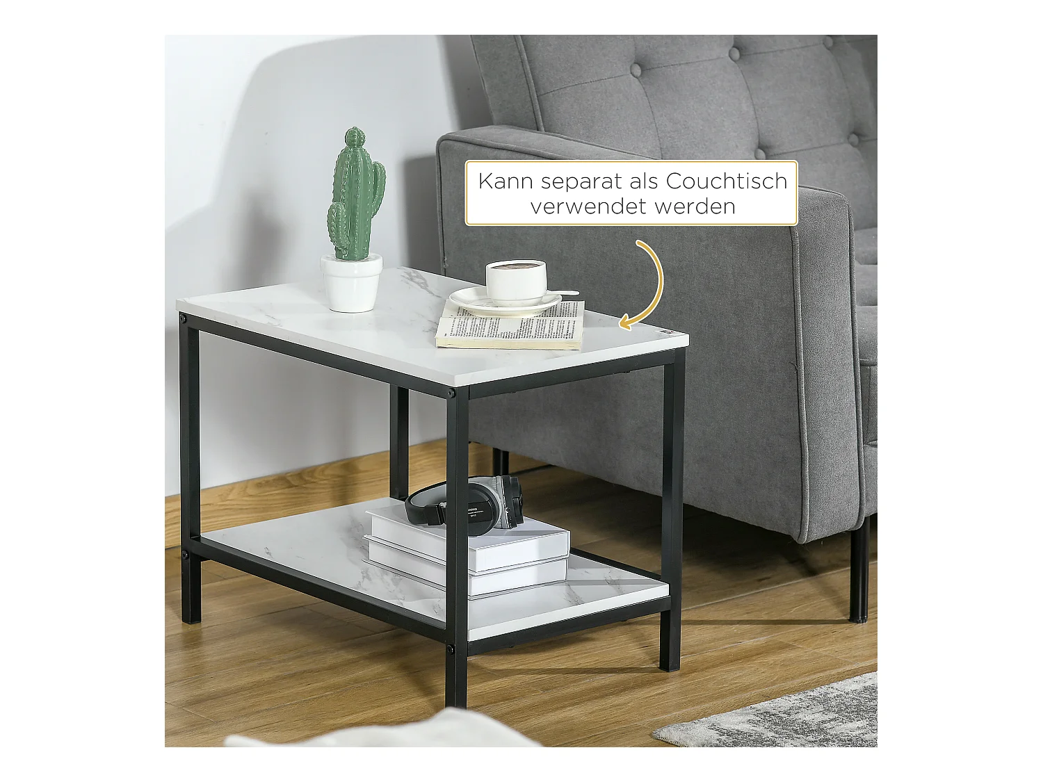 Tables basses gigognes 2 pièces, design moderne, MDF effet marbre, structure acier blanc (60x39.5x45.5cm & 45x40x52cm)