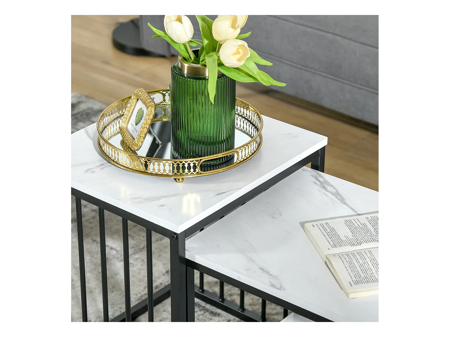 Tables basses gigognes 2 pièces, design moderne, MDF effet marbre, structure acier blanc (60x39.5x45.5cm & 45x40x52cm)