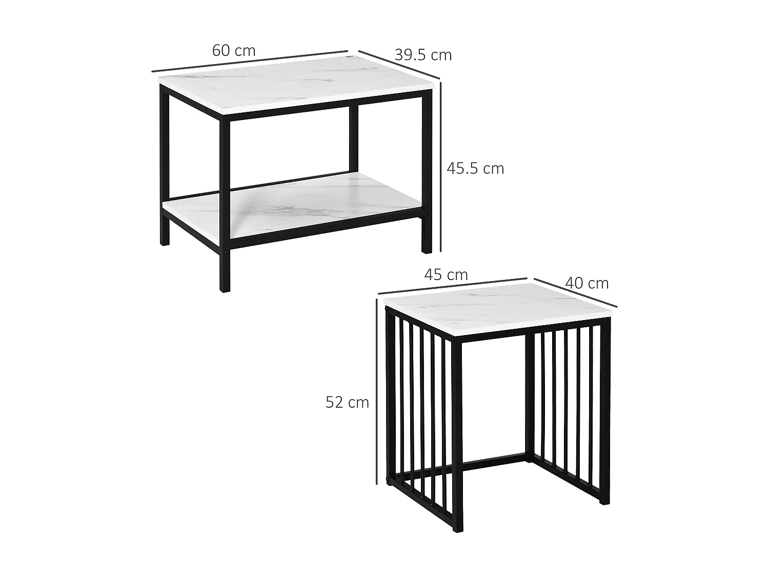 Tables basses gigognes 2 pièces, design moderne, MDF effet marbre, structure acier blanc (60x39.5x45.5cm & 45x40x52cm)