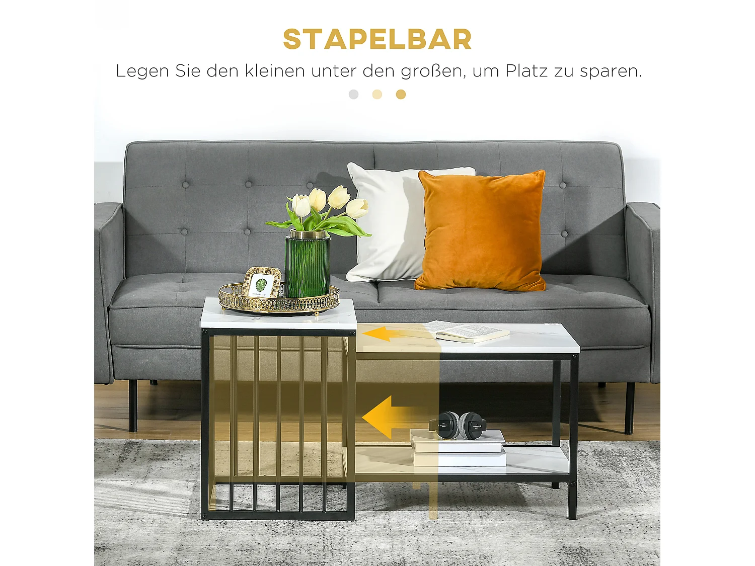 Tables basses gigognes 2 pièces, design moderne, MDF effet marbre, structure acier blanc (60x39.5x45.5cm & 45x40x52cm)