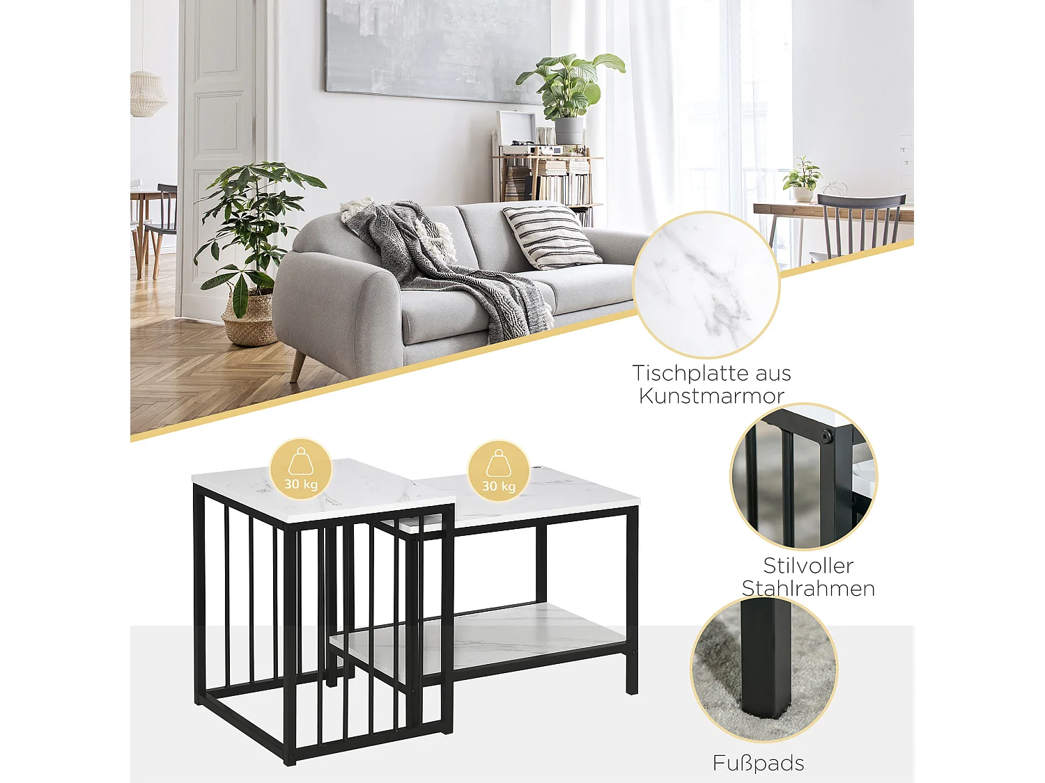 Tables basses gigognes 2 pièces, design moderne, MDF effet marbre, structure acier blanc (60x39.5x45.5cm & 45x40x52cm)