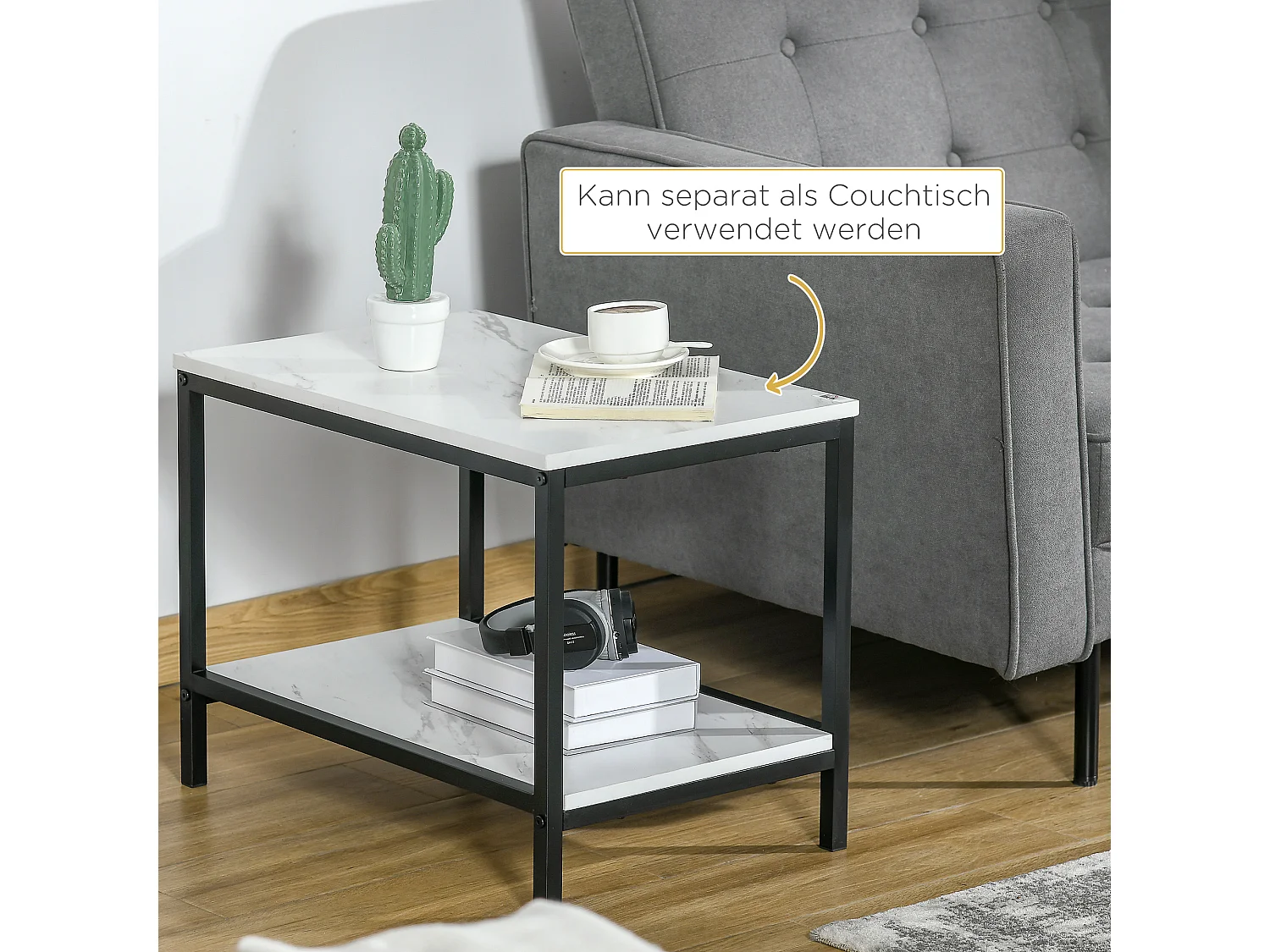 Tables basses gigognes 2 pièces, design moderne, MDF effet marbre, structure acier blanc (60x39.5x45.5cm & 45x40x52cm)