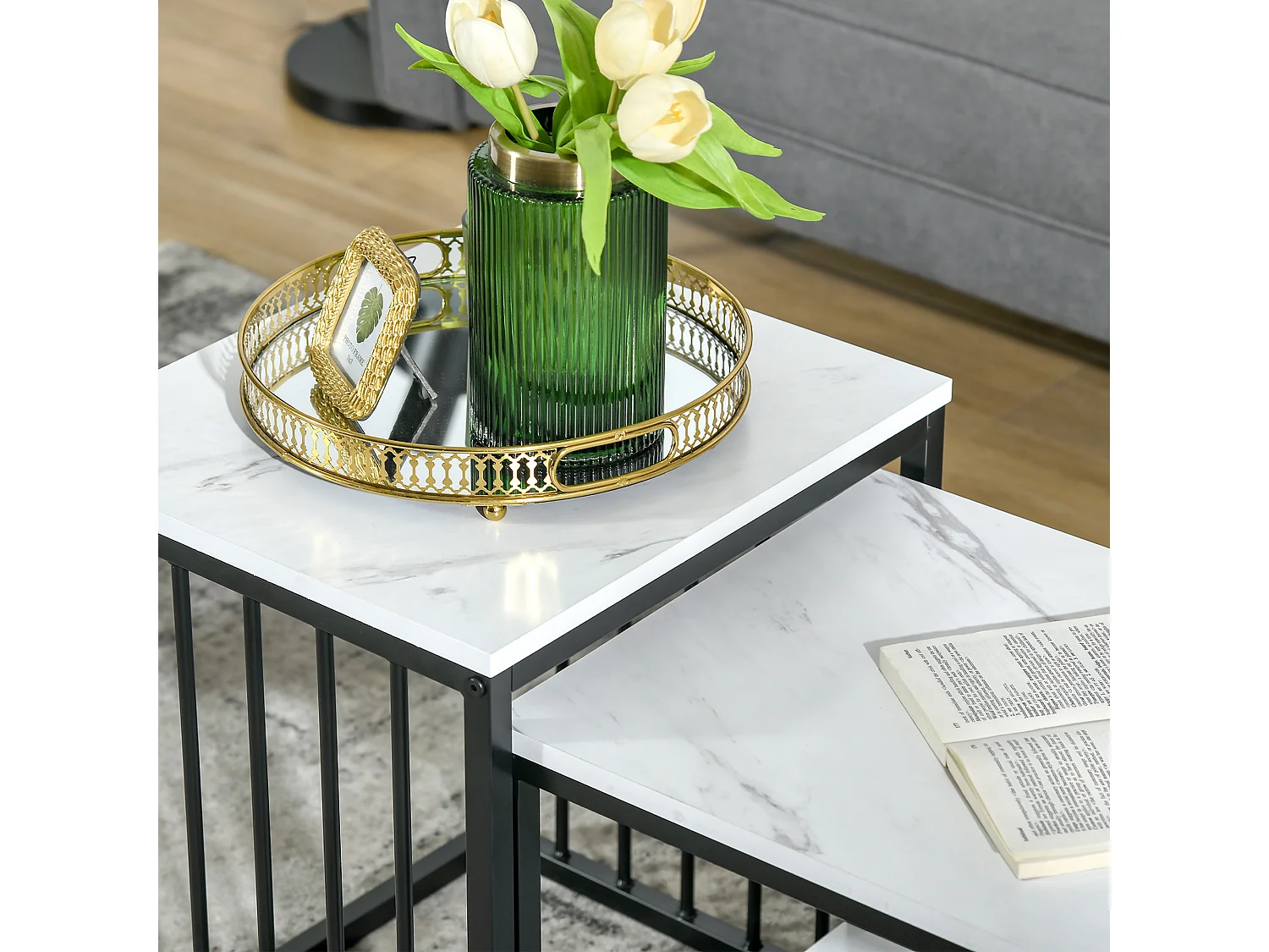 Tables basses gigognes 2 pièces, design moderne, MDF effet marbre, structure acier blanc (60x39.5x45.5cm & 45x40x52cm)