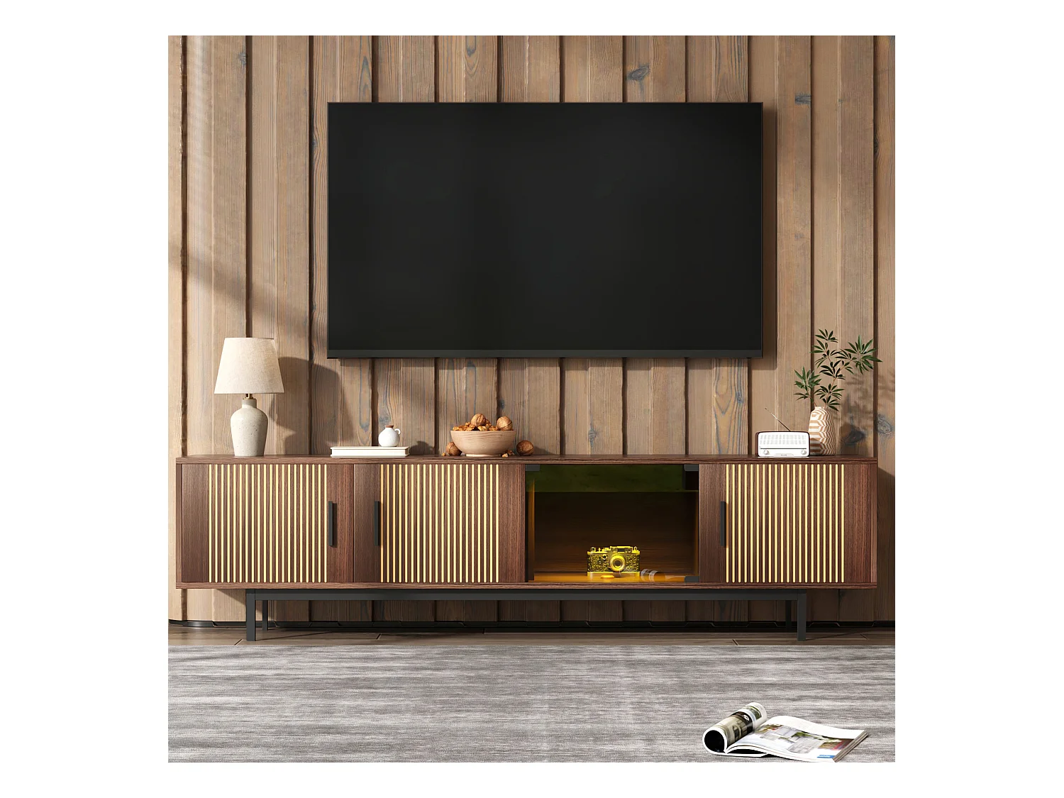 Meuble TV avec texture sculptée, porte en verre trempé, design moderne, LED et bois foncé (200x35x53 cm)