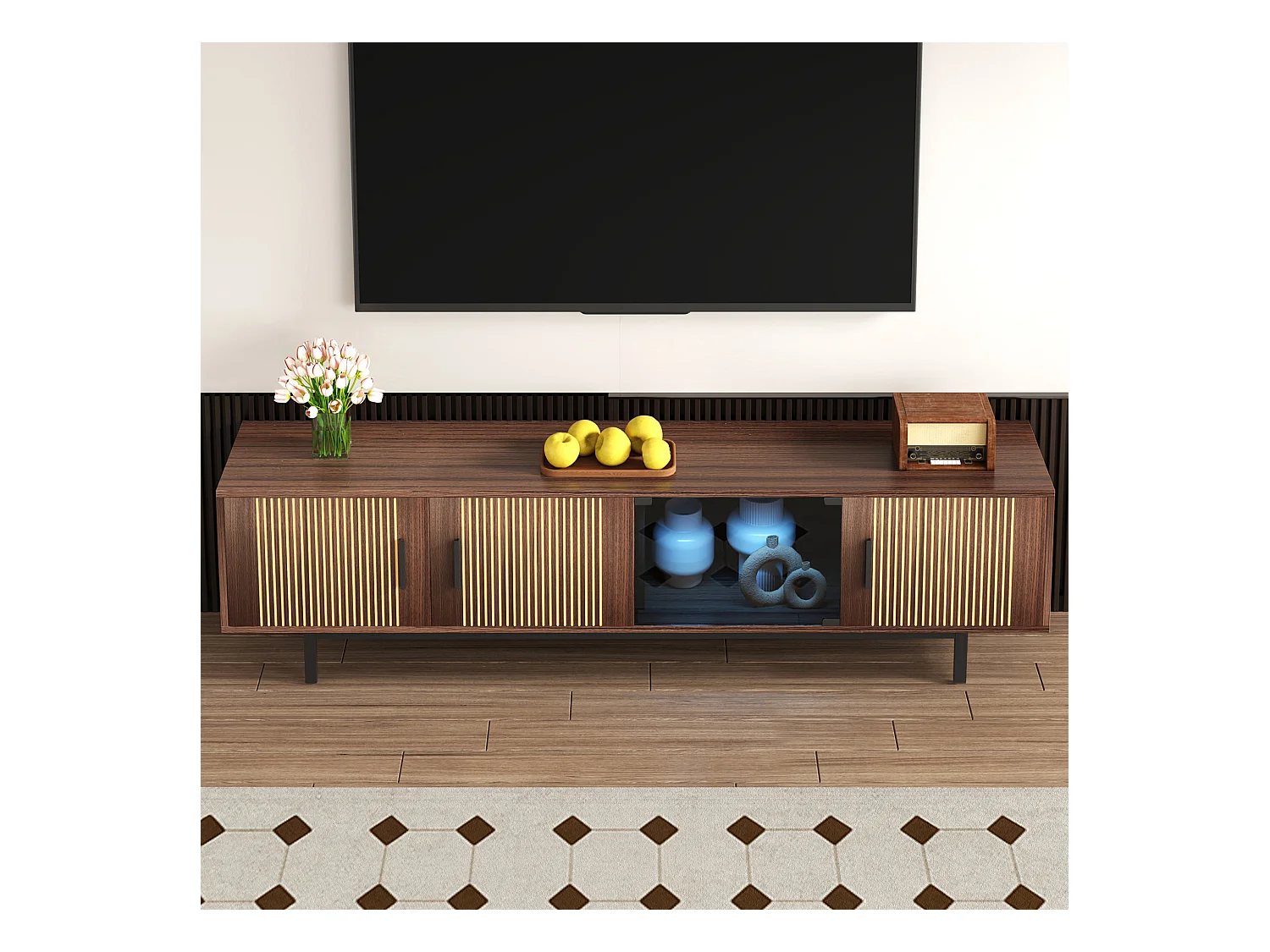 Meuble TV avec texture sculptée, porte en verre trempé, design moderne, LED et bois foncé (200x35x53 cm)