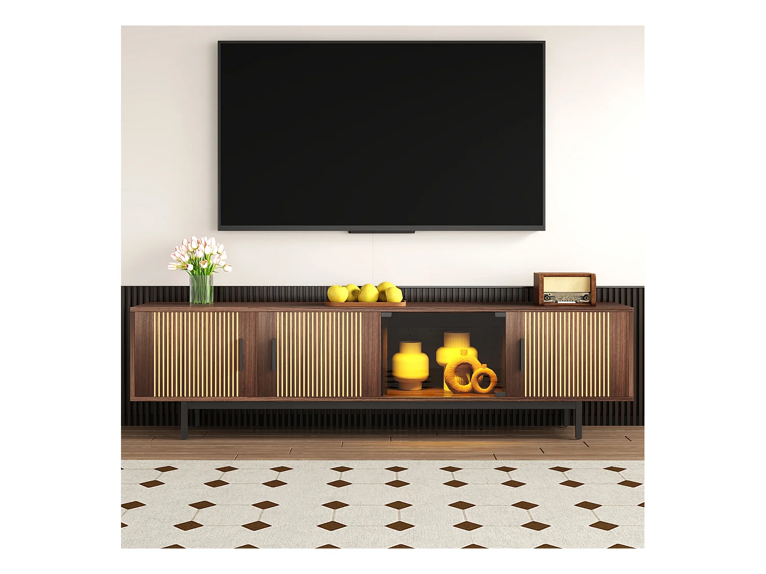 Meuble TV avec texture sculptée, porte en verre trempé, design moderne, LED et bois foncé (200x35x53 cm)