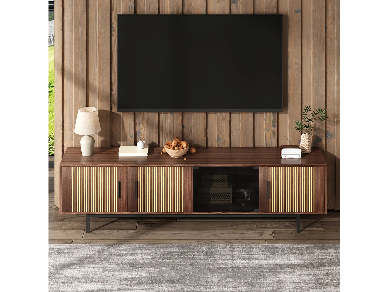 Meuble TV avec texture sculptée, porte en verre trempé, design moderne, LED et bois foncé (200x35x53 cm)