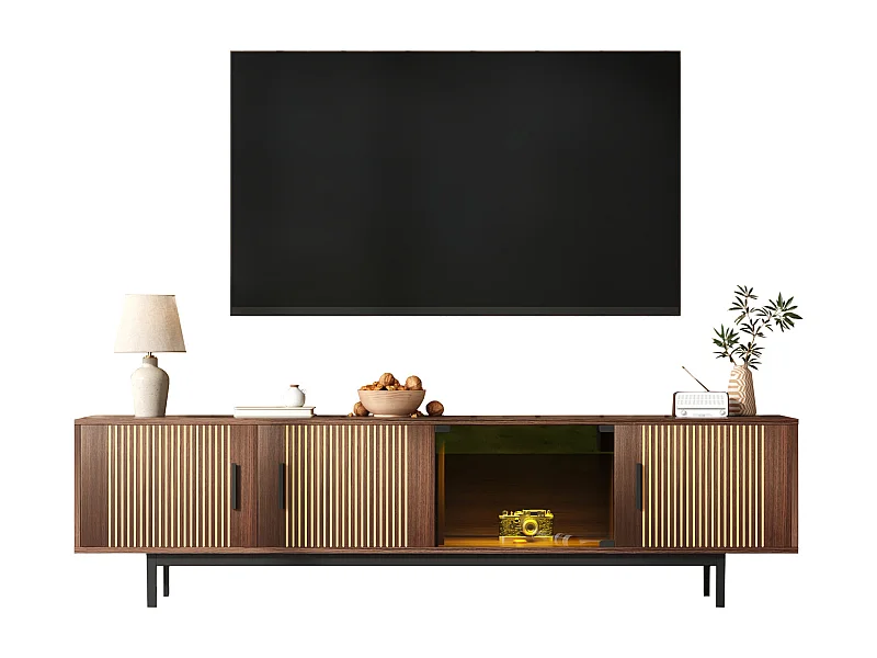 TV-meubel met gebeeldhouwde textuur, gehard glazen deur, modern design, LED en donker hout (200x35x53 cm)
