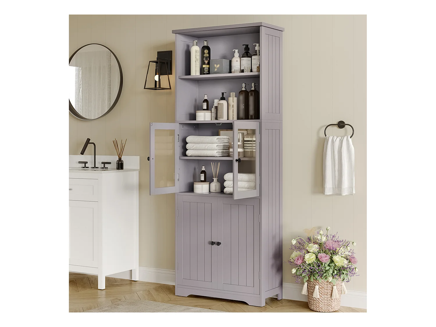 Armoire de salle de bain avec portes en bois et verre, étagères ajustables, peinture résistante à l'humidité, gris, (57.4x28.5x160 cm)