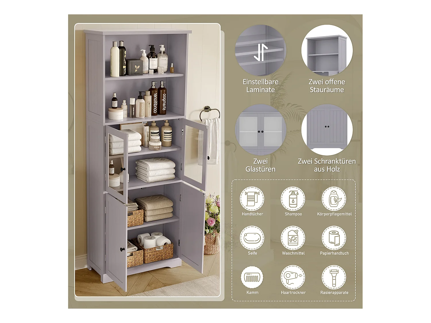 Armoire de salle de bain avec portes en bois et verre, étagères ajustables, peinture résistante à l'humidité, gris, (57.4x28.5x160 cm)