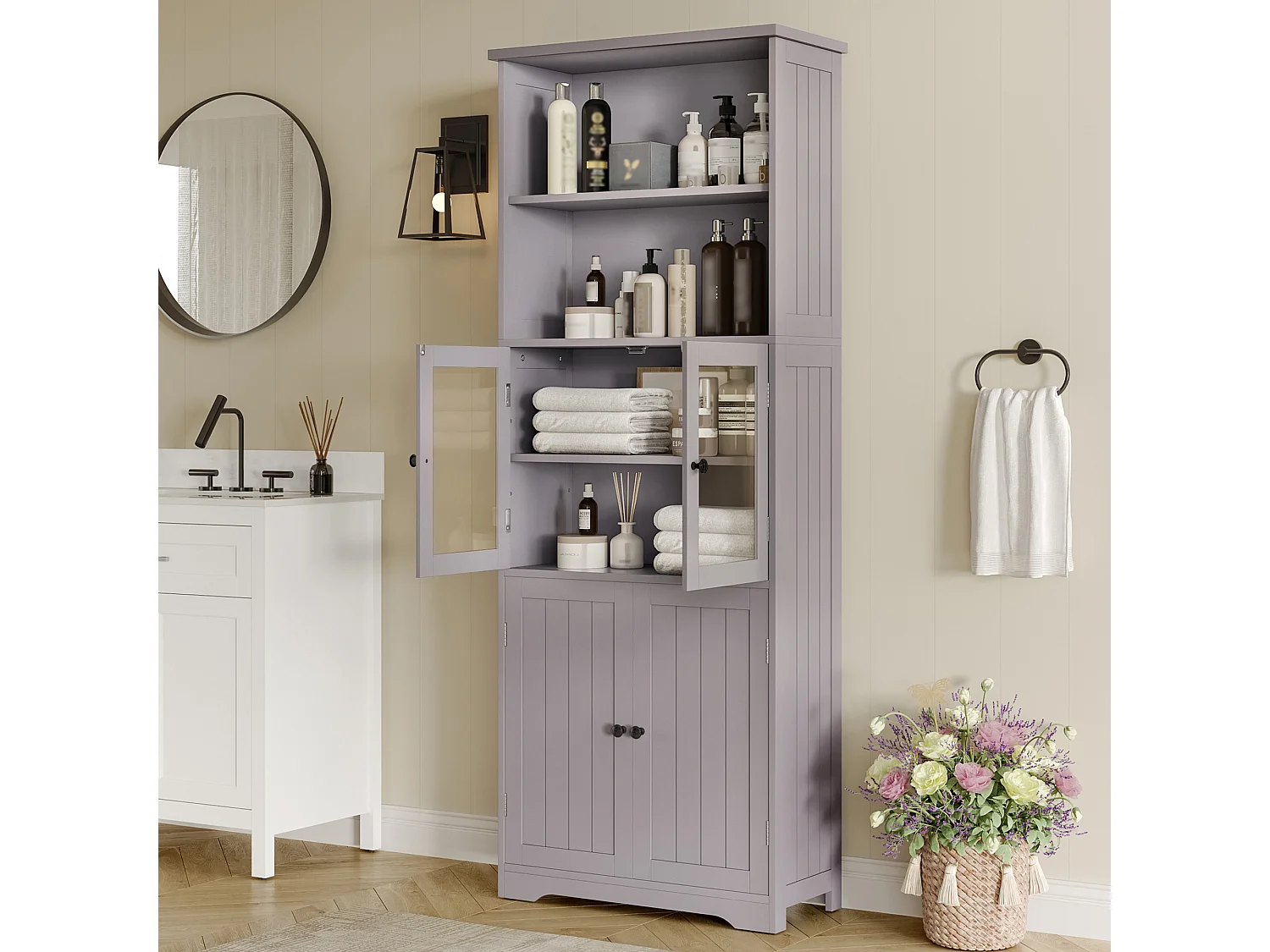 Armoire de salle de bain avec portes en bois et verre, étagères ajustables, peinture résistante à l'humidité, gris, (57.4x28.5x160 cm)