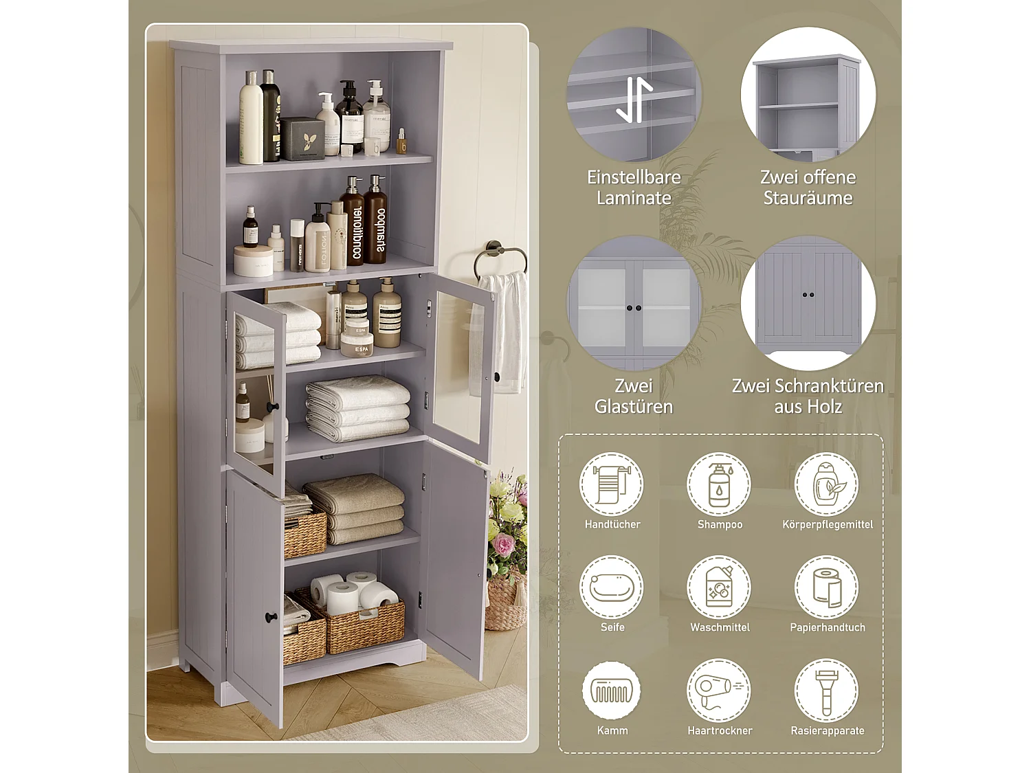 Armoire de salle de bain avec portes en bois et verre, étagères ajustables, peinture résistante à l'humidité, gris, (57.4x28.5x160 cm)