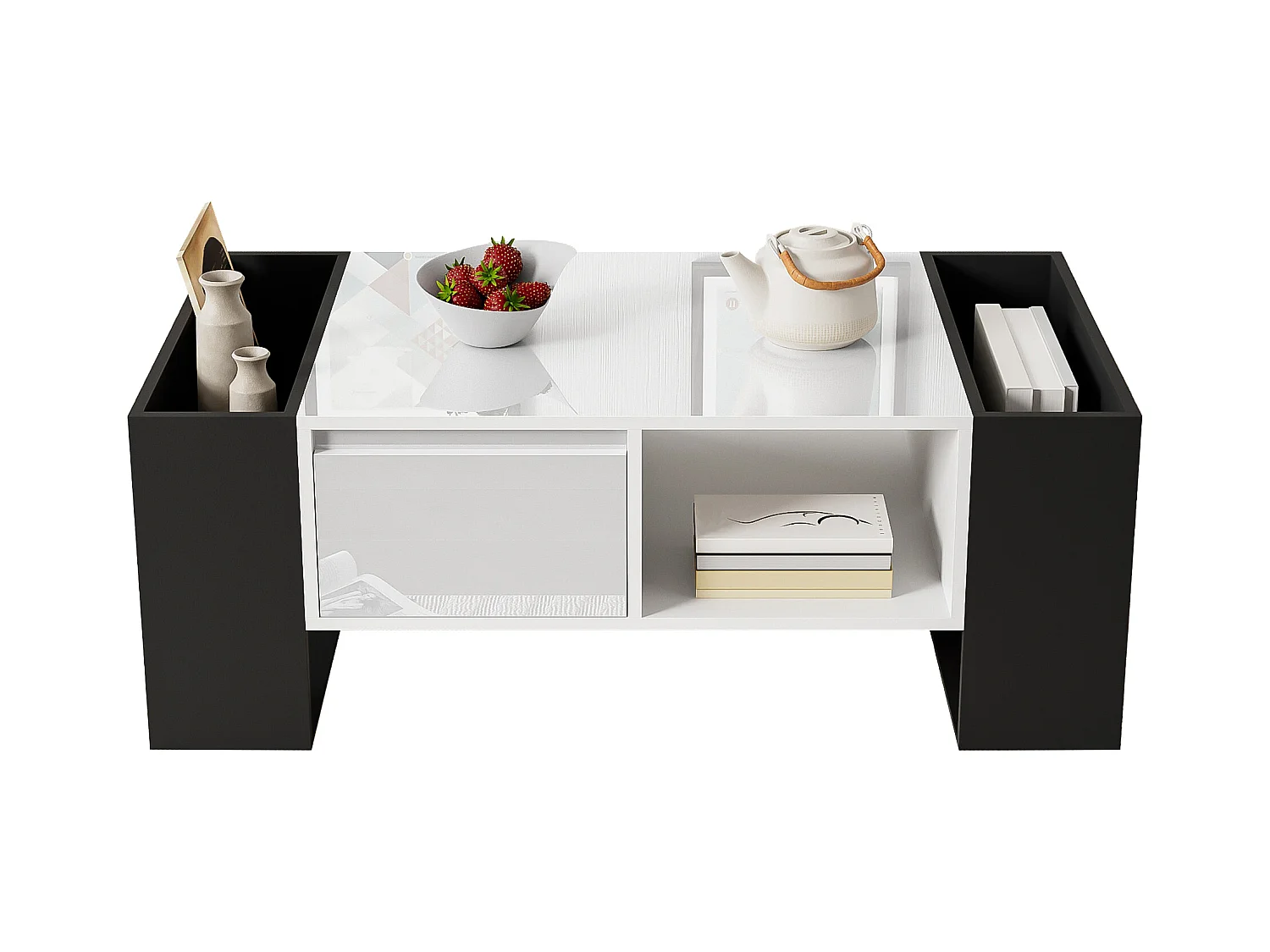 Table basse moderne, design noir et blanc, surface laquée, MDF, avec 1 tiroir et 4 compartiments ouverts (105x60x40.5 cm)