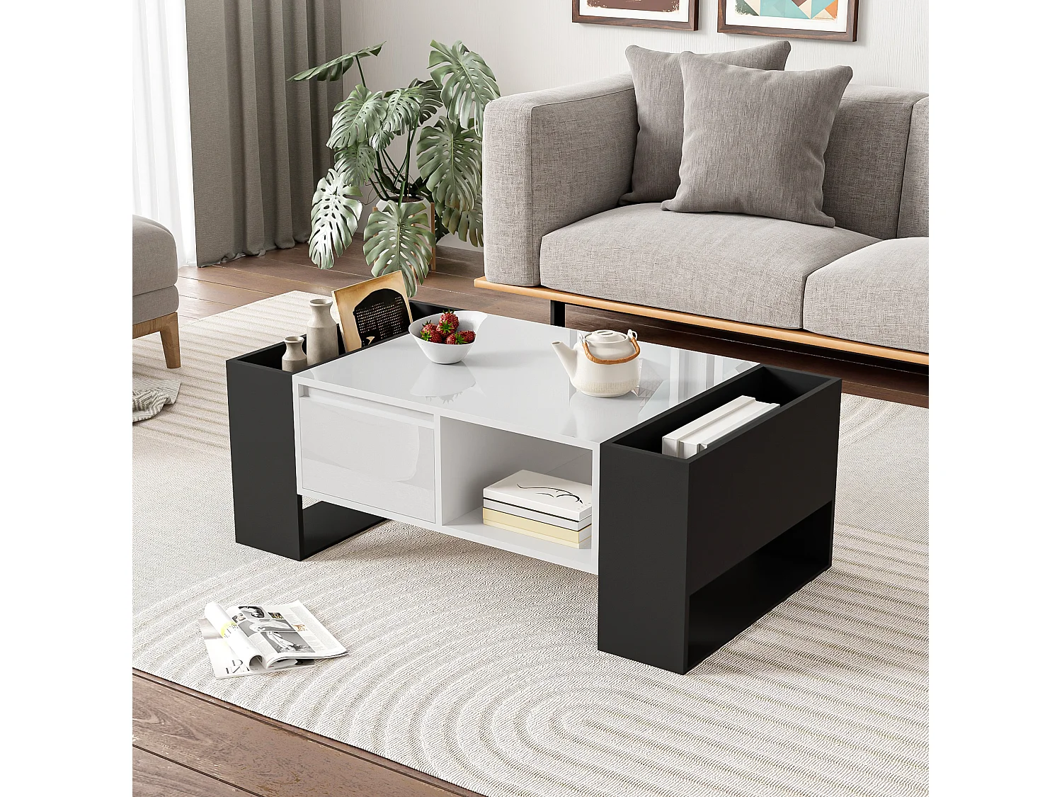 Moderne salontafel, zwart-wit design, gelakt oppervlak, MDF, met 1 lade en 4 open vakken (105x60x40,5 cm)