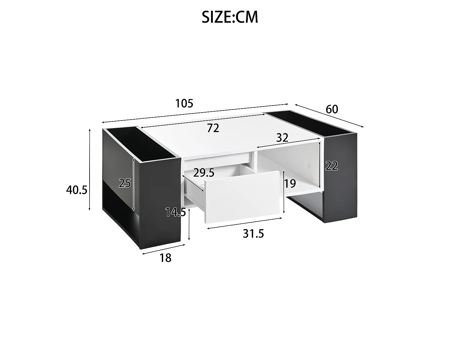 Moderne salontafel, zwart-wit design, gelakt oppervlak, MDF, met 1 lade en 4 open vakken (105x60x40,5 cm)