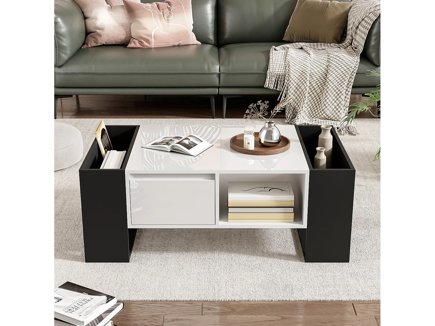 Moderne salontafel, zwart-wit design, gelakt oppervlak, MDF, met 1 lade en 4 open vakken (105x60x40,5 cm)