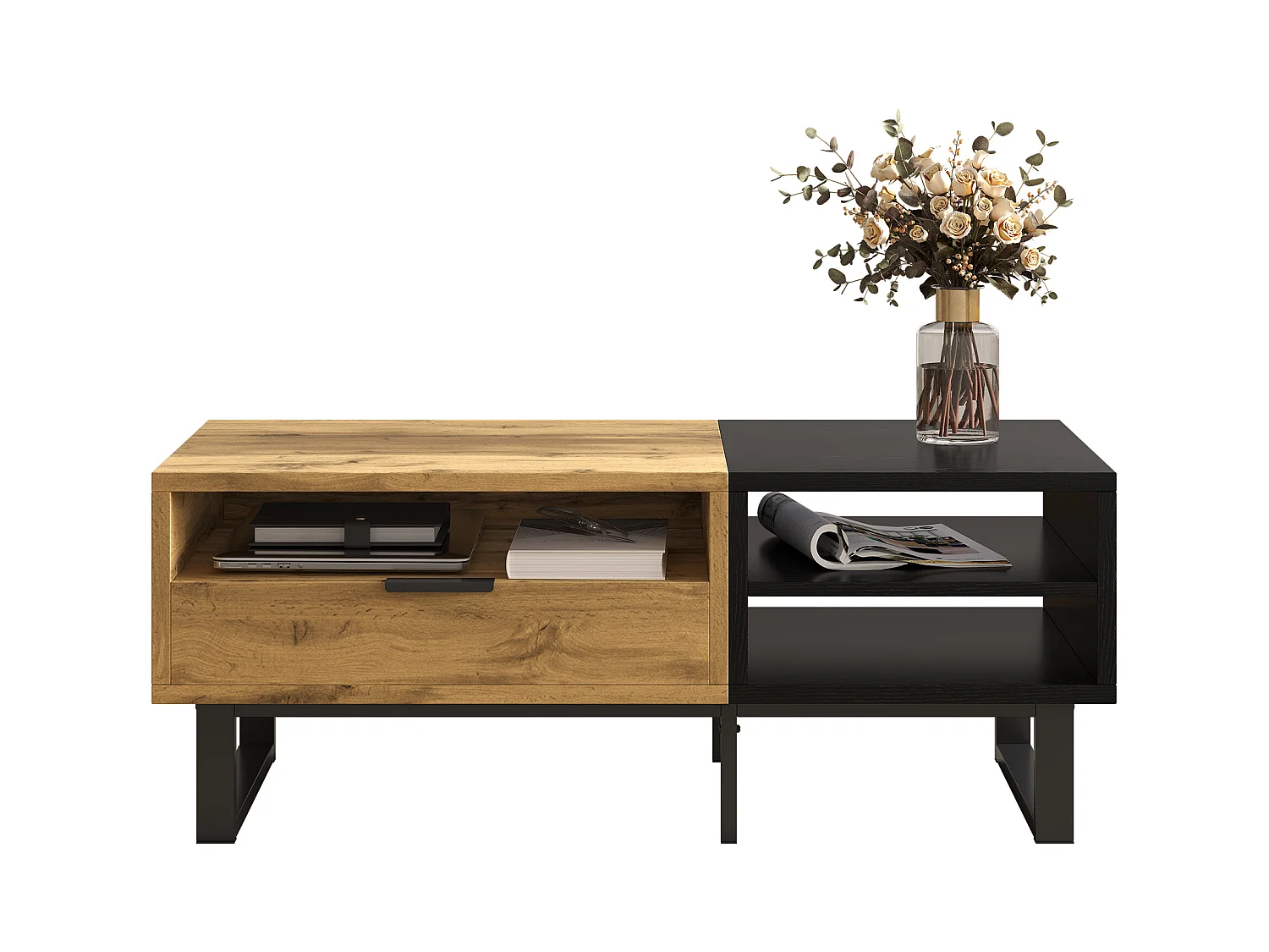 Table basse avec 2 tables gigognes, design colorblock, MDF, bois et noir, avec rangements (100x50x40 cm)