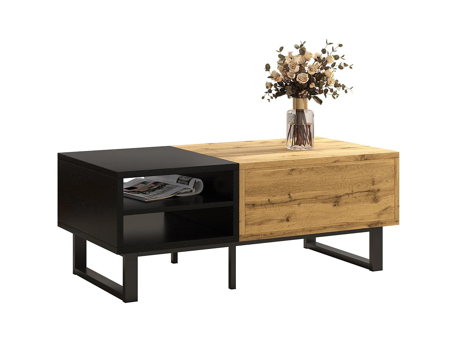 Table basse avec 2 tables gigognes, design colorblock, MDF, bois et noir, avec rangements (100x50x40 cm)