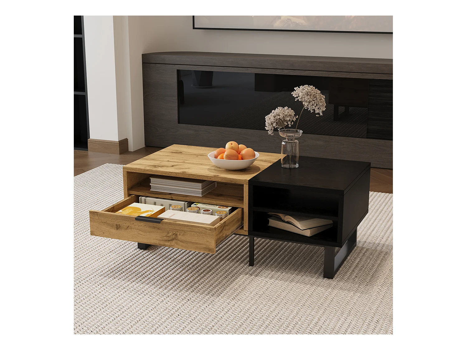 Table basse avec 2 tables gigognes, design colorblock, MDF, bois et noir, avec rangements (100x50x40 cm)