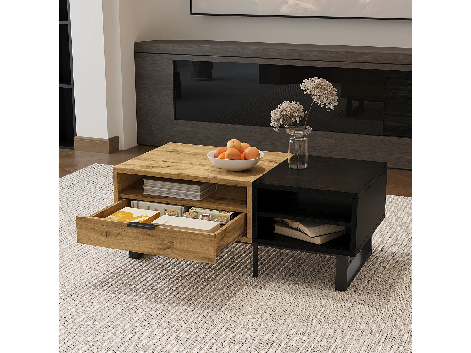 Table basse avec 2 tables gigognes, design colorblock, MDF, bois et noir, avec rangements (100x50x40 cm)