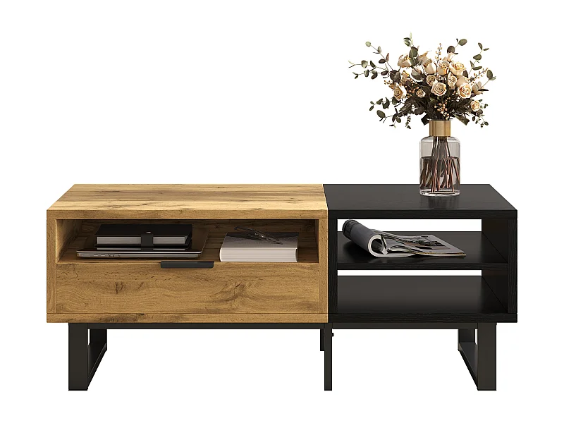 Salontafel met 2 bijzettafeltjes, colorblock design, MDF, hout en zwart, met opbergruimte (100x50x40 cm)