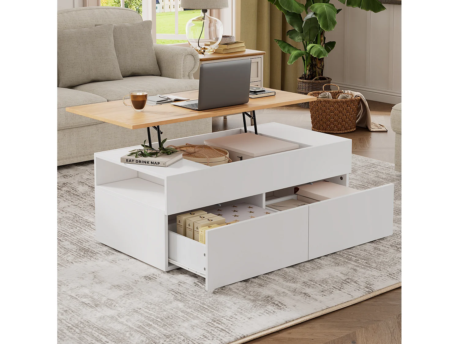 Table basse réglable avec 2 tiroirs, stockage caché, design moderne, MDF + bois, blanc + bois naturel (100x50x40 cm)