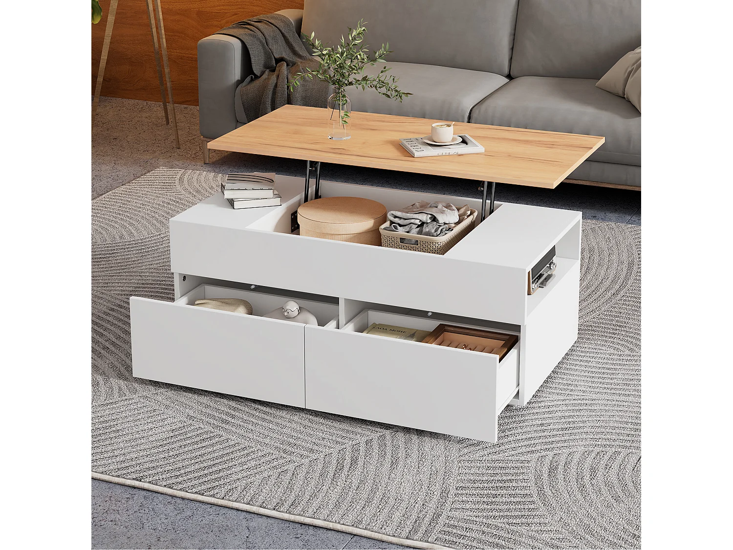 Table basse réglable avec 2 tiroirs, stockage caché, design moderne, MDF + bois, blanc + bois naturel (100x50x40 cm)